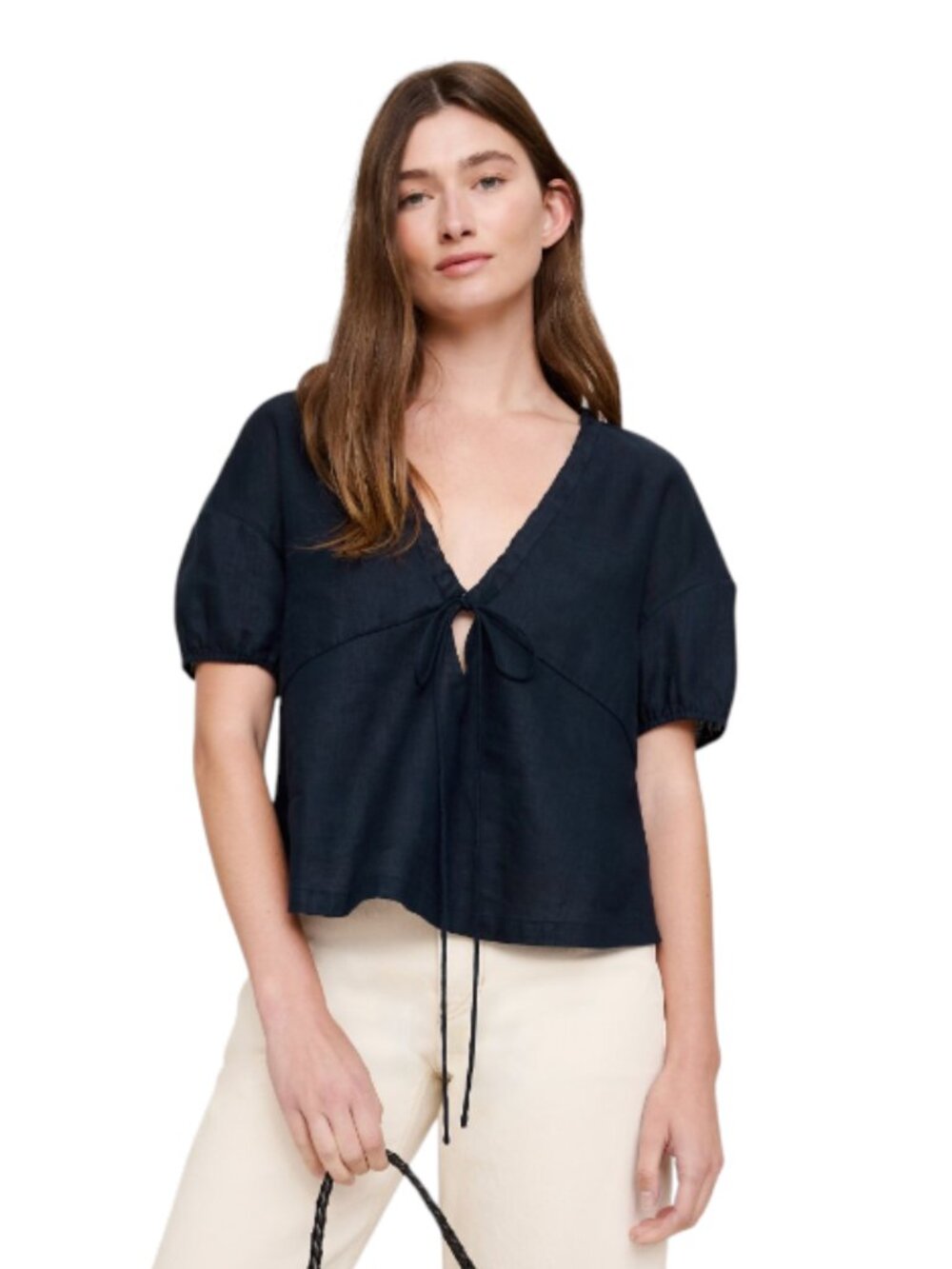 Banana Republic Linen Tie Front Top Shirt Blouse Womens Medium Black V-Neck BR - Picture 10 of 10